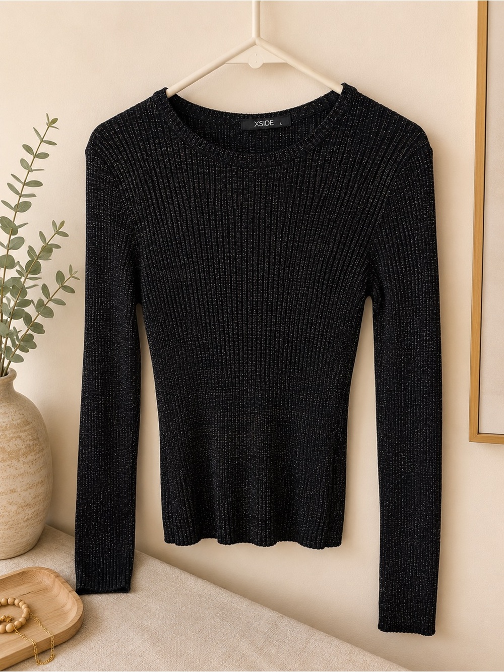XSIDE Black Ribbed Metallic Knit Long Sleeve Top